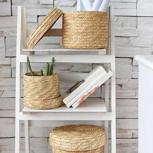 3 Pcs/Set Handmade Straw Woven Storage Basket With Lid